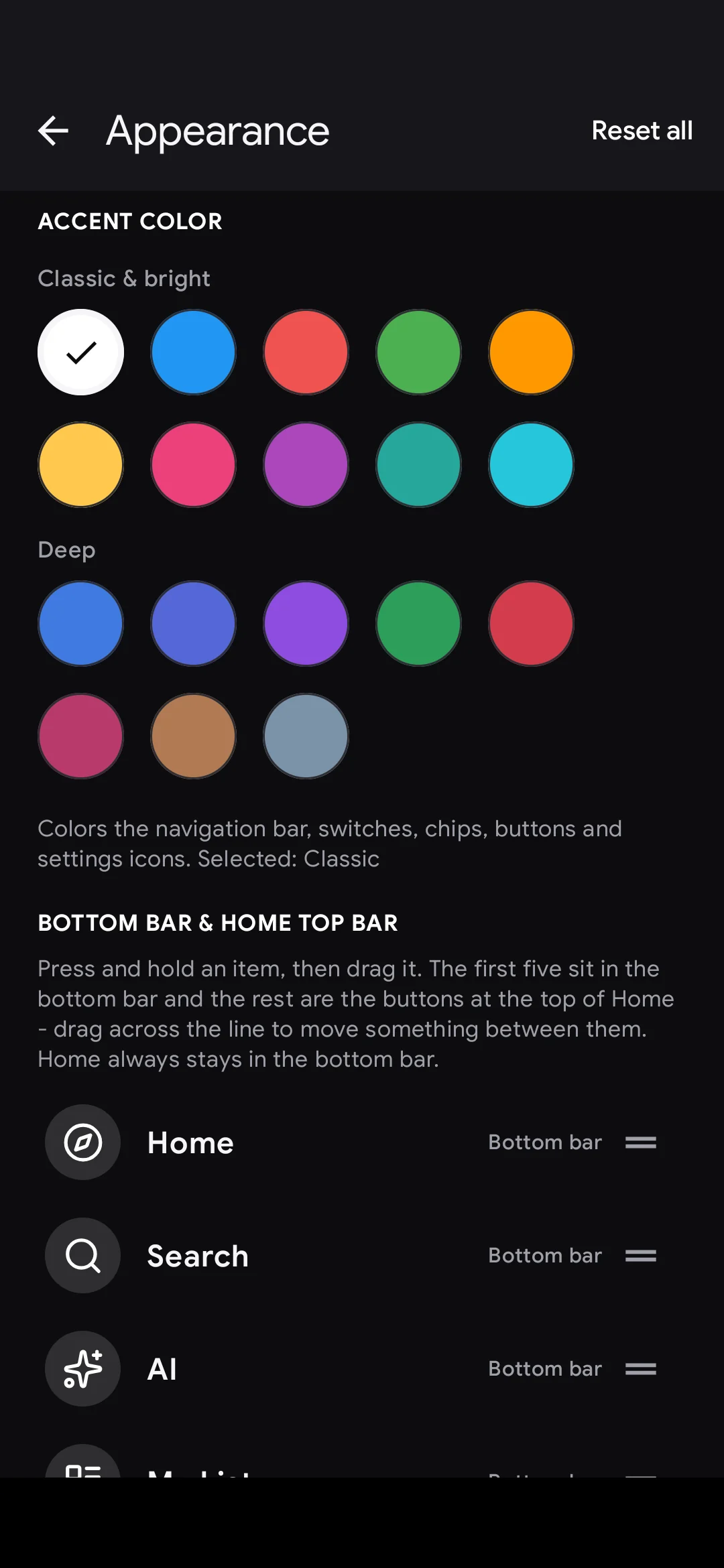 Miki's Appearance settings with accent colors and a rearrangeable layout