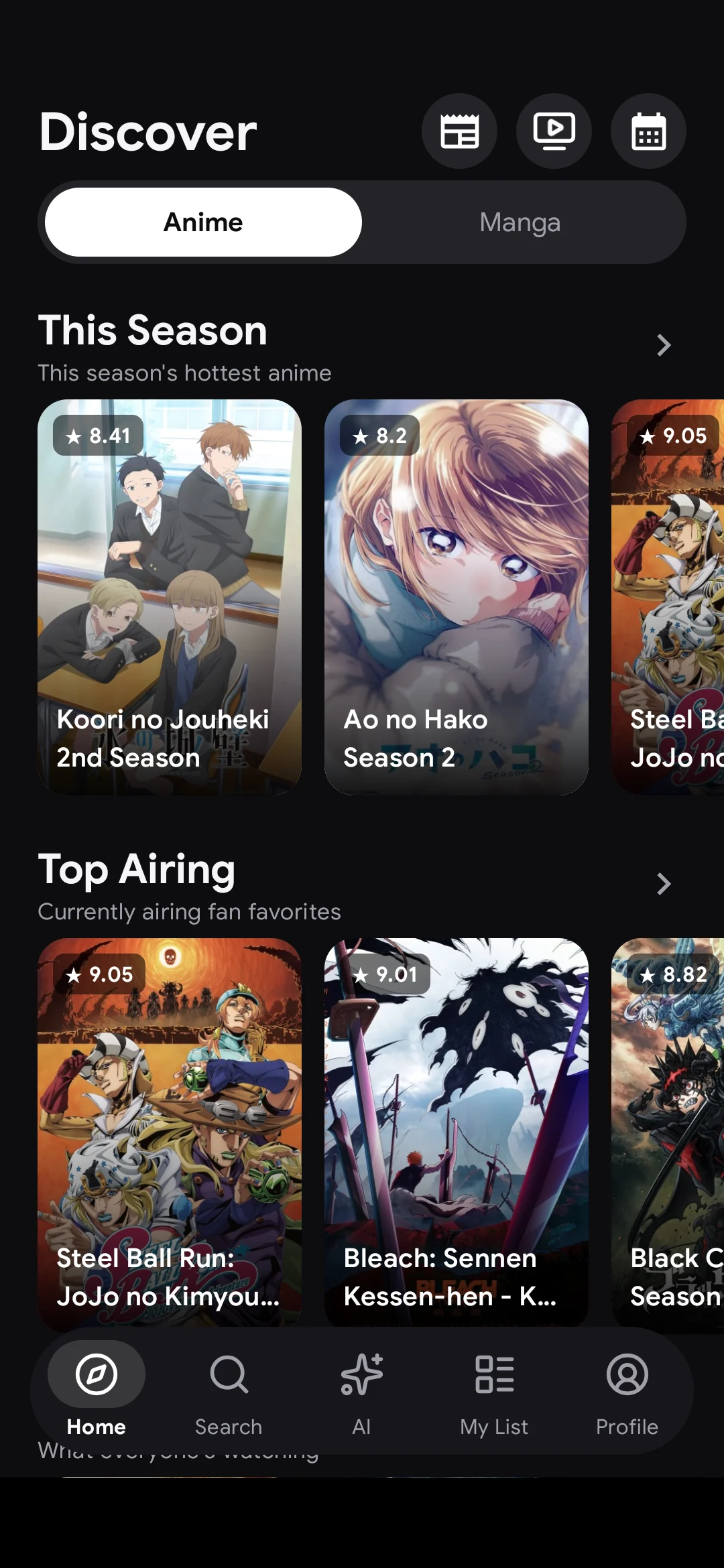Miki's Discover screen with this season's hottest anime