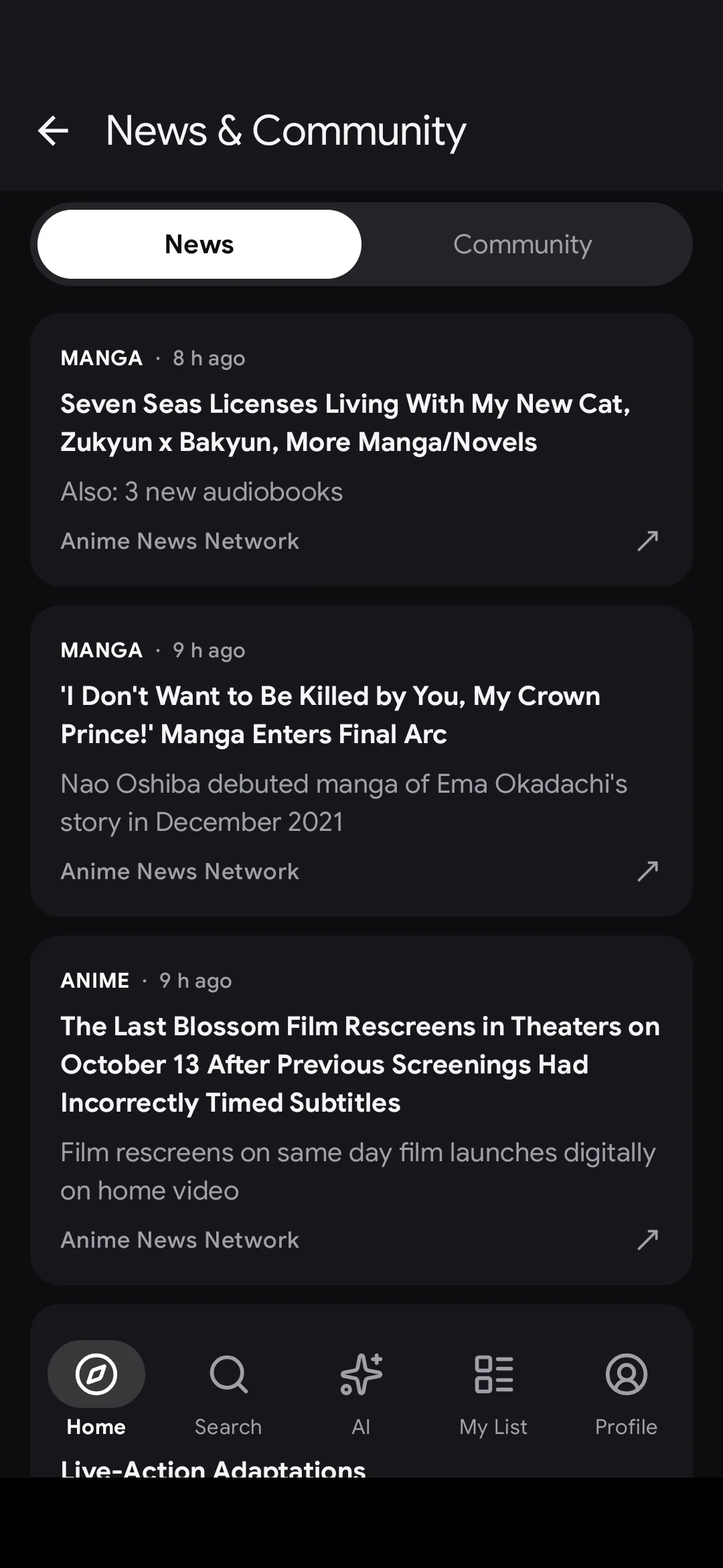 Miki's News and Community screen