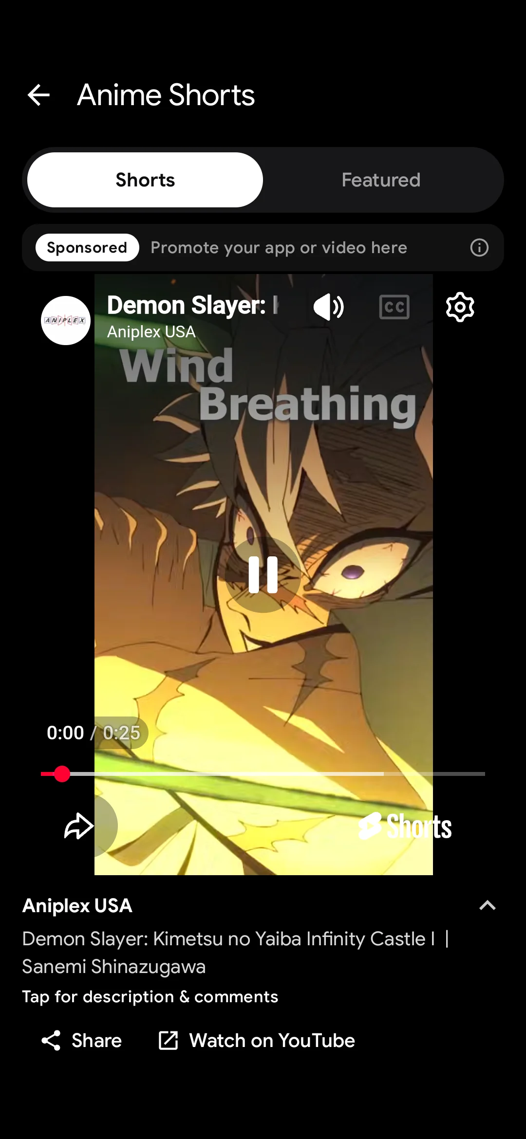 Miki's Anime Shorts screen showing a vertical anime clip